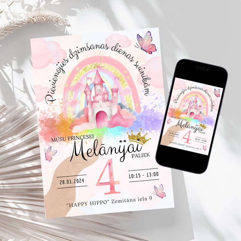 Princešu dzimšanas dienas ballītes digitāls ielūgums bērniem, rozā toņos ar pasaku pili